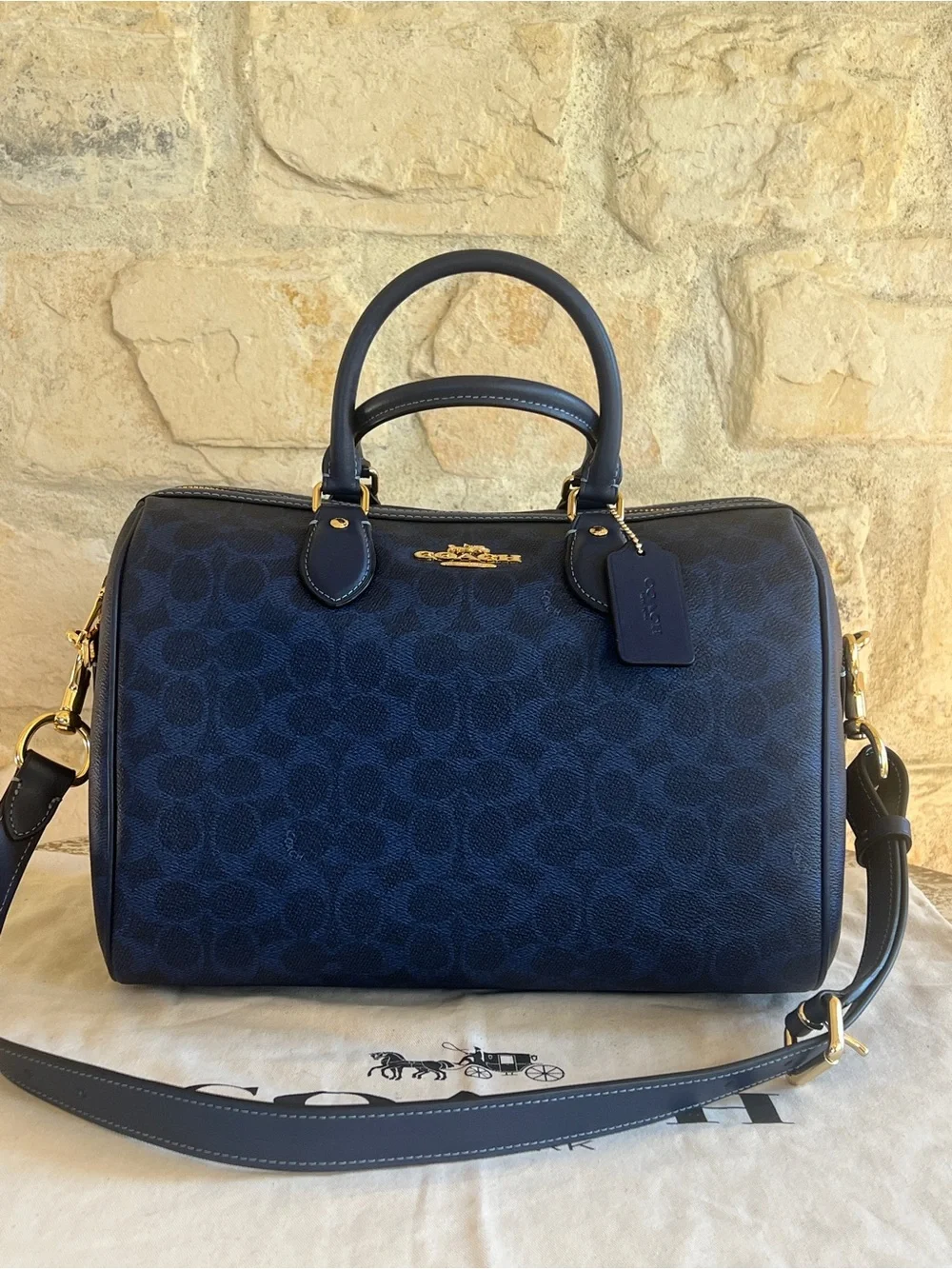 Coach Navy Signature Duffel Bag with Gold Hardware